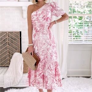 NWT Express One Shoulder Toile Puff Sleeve Midi Dress